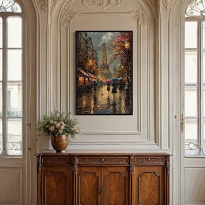 Paris Street And Eiffel Tower In Rain Wall Art - Romantic French Oil Painting Canvas Print Wall Decor Framed Ready to Hang