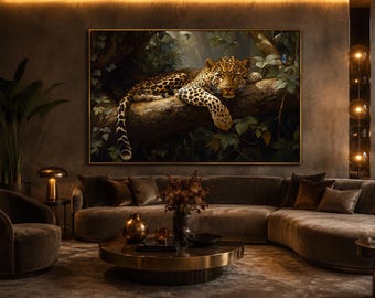 Leopard Wall Art Canvas Print - Majestic Jungle Scene with Leopard on A Branch, Exotic Wildlife Decor for Bedroom, Framed Ready to Hang