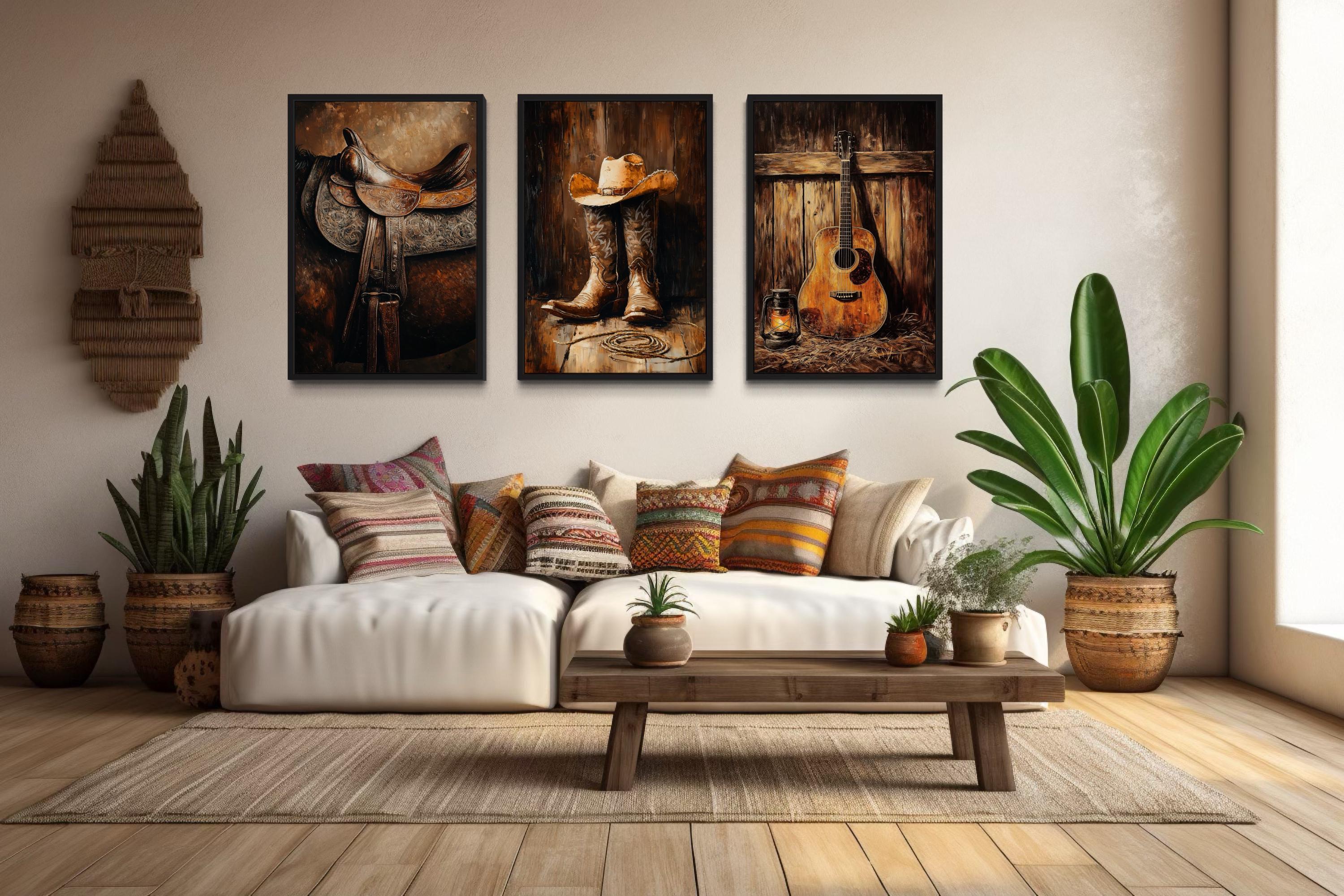Set of 3 Western Wall Art, Cowboy Wall Decor - Horse Saddle, Boots and ...
