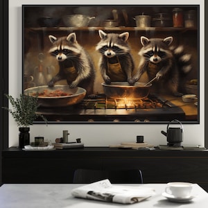Raccoons Cooking Kitchen Wall Art, Raccoons Funny Painting Canvas PRINT, Cabin Wall Decor Framed Unframed Ready to Hang