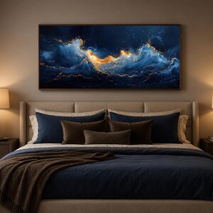 Abstract Navy Blue Gold Ocean Wave Painting Canvas PRINT, Minimalist Modern Ocean At Night Wall Art, Seascape, Art For Mens Bed image 15