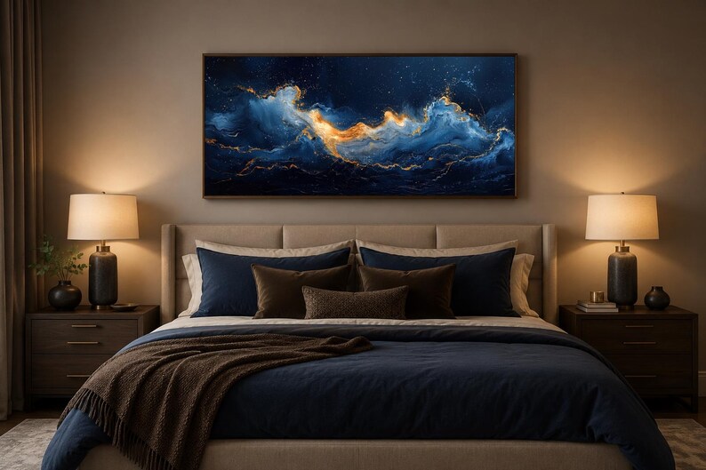 Abstract Navy Blue Gold Ocean Wave Painting Canvas PRINT, Minimalist Modern Ocean At Night Wall Art, Seascape, Art For Mens Bed image 15