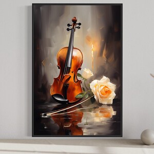 a framed painting of a violin, a white rose, and a vase of dried flowers, all set against a dark background.