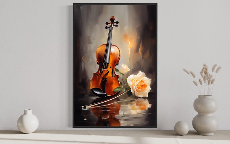 a framed painting of a violin, a white rose, and a vase of dried flowers, all set against a dark background.