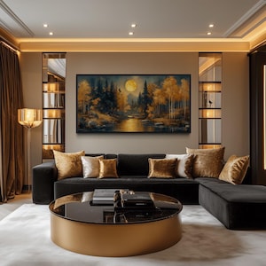 Black Gold Wall Art, Art Nouveau Trees Forest And Moon Landscape Luxury Painting Canvas PRINT, Living Room Wall Decor Framed Ready To Hang