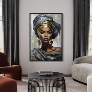 a modern living room with a large framed portrait of a woman with a head wrap hanging on the wall. The room is furnished with a white sofa, a red armchair, and a black coffee table. The overall decor has a contemporary and elegant style.