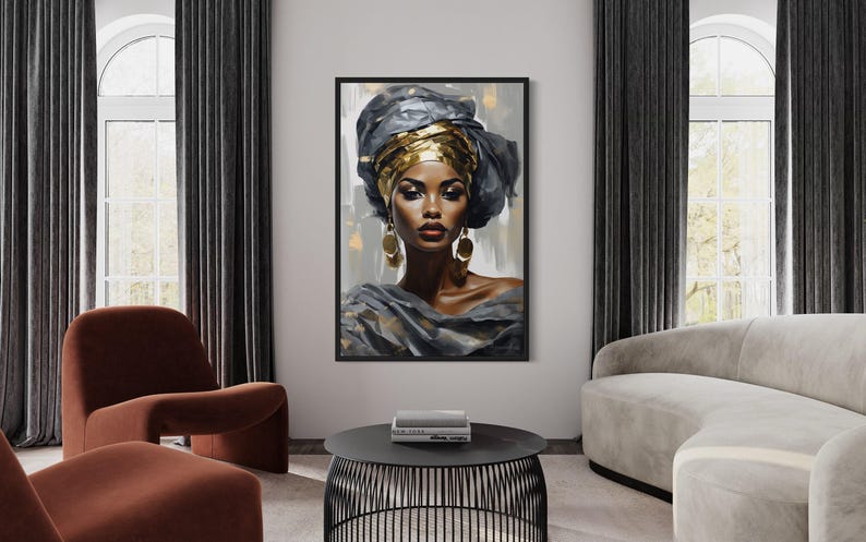 a modern living room with a large framed portrait of a woman with a head wrap hanging on the wall. The room is furnished with a white sofa, a red armchair, and a black coffee table. The overall decor has a contemporary and elegant style.