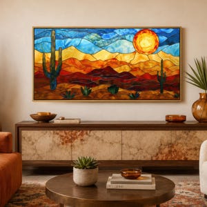 Arizona Desert Wall Art - Stained Glass Style Sonoran Desert And Saguaro Painting Canvas PRINT, Southwest Decor, Ready To Hang