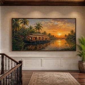 May include: A large rectangular wall art piece depicting a traditional houseboat floating on a calm river at sunset. The scene features lush green palm trees along the riverbanks, a vibrant orange and yellow sky, and reflections on the water surface.