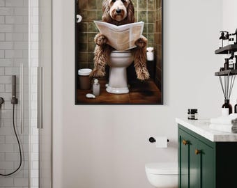 Labradoodle Dog On The Toilet Reading Newspaper, Funny Bathroom Art, Toilet Humor Animal Print or Canvas Framed Unframed Ready To Hang