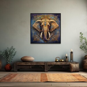 a large, ornate painting of an elephant on a blue background, hanging on a wall above a wooden table with decorative items.