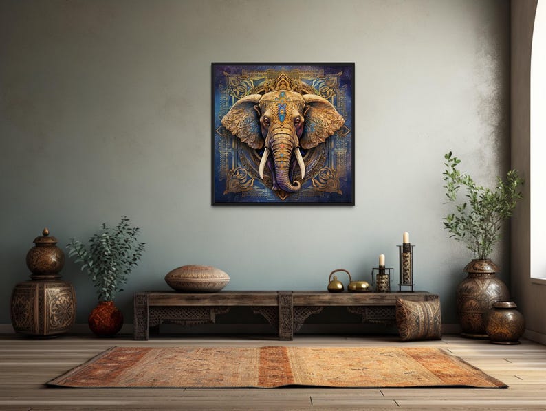 a large, ornate painting of an elephant on a blue background, hanging on a wall above a wooden table with decorative items.