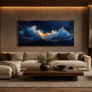 Abstract Navy Blue Gold Ocean Wave Painting Canvas PRINT, Minimalist Modern Ocean At Night Wall Art, Seascape, Art For Mens Bed image 12