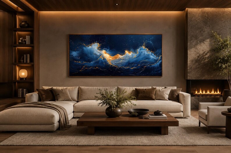 Abstract Navy Blue Gold Ocean Wave Painting Canvas PRINT, Minimalist Modern Ocean At Night Wall Art, Seascape, Art For Mens Bed image 12