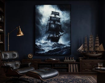 Gothic Wall Art Ghost Pirate Ship Dark Academia Painting Canvas PRINT, Fata Morgana Artwork, Nautical Art For Mens Office Ready To Hang