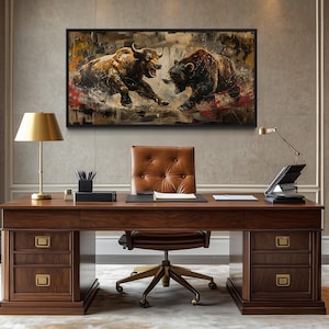 Wall Street Office Wall Art Bull Fighting Bear Graffiti Painting Extra Large Canvas PRINT, Man Cave Wall Decor Framed Ready To Hang