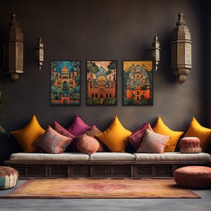 a cozy living room with a long sofa adorned with colorful pillows, a rug, and a large window that allows natural light to fill the space. The walls are decorated with three vibrant paintings, and the room is further embellished with decorative lamps and potted plants.