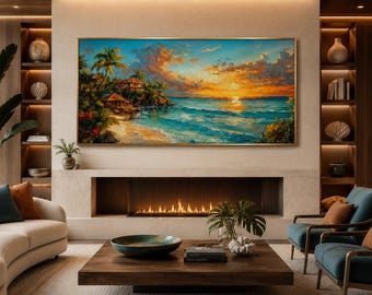 Jamaican Wall Art - Colorful Jamaica Sunset Beach Canvas Print, Caribbean Sea Painting Framed Ready To Hang