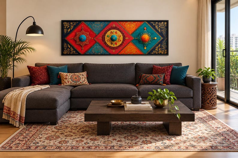 Puede incluir: Una pieza de arte mural rectangular larga con tres paneles en forma de diamante en rojo, naranja y turquesa, con detalles de filigrana dorada y esferas centrales elevadas, montada sobre un sof&aacute; seccional gris oscuro con cojines decorativos.
