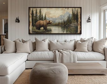 Grizzly Bear Painting Canvas Print - Cabin Wall Art, Rustic Farmhouse Decor - Framed Or Unframed Ready To Hang