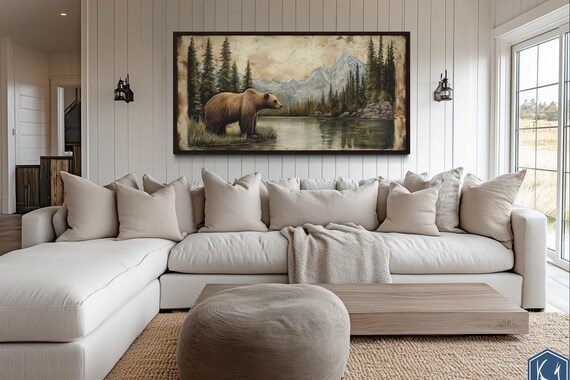 Grizzly Bear Painting Canvas Print - Cabin Wall Art, Rustic Farmhouse Decor - Framed Or Unframed Ready To Hang