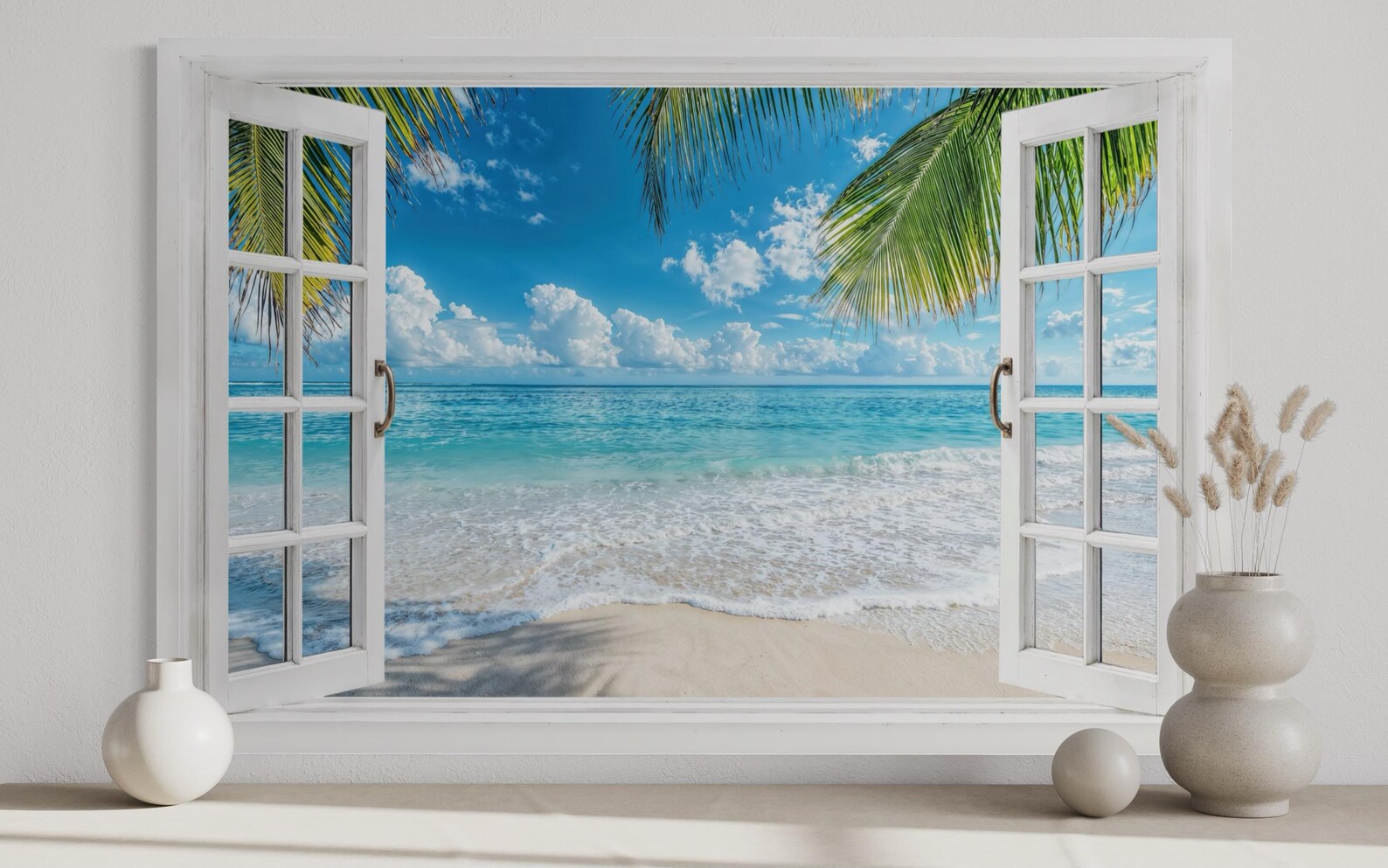 Window Scene Poster Beach Window View Tropical Painting Canvas Print, Palm Trees Ocean ...