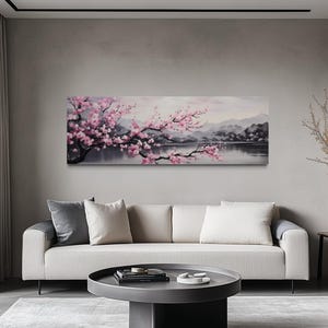 Over Bed Wall Art - Pink Cherry Blossom On Japanese Landscape Panoramic Painting Long Horizontal Canvas Print Ready To Hang