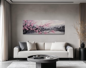Over Bed Wall Art - Pink Cherry Blossom On Japanese Landscape Panoramic Painting Long Horizontal Canvas Print Ready To Hang
