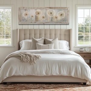 Dandelions Painting On Distressed Wood Canvas Print Farmhouse Horizontal Wall Art Over Bed Decor - With or Without Frame Ready To Hang