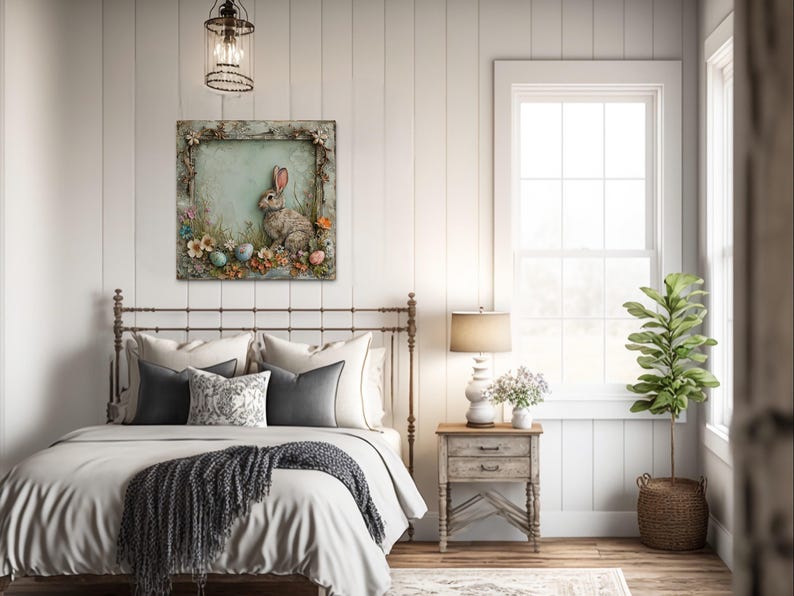 a cozy bedroom with a large bed, a wooden nightstand, and a painting of a rabbit on the wall. The room has white walls, a wooden floor, and a window with white curtains. There is also a potted plant and a lamp in the room.