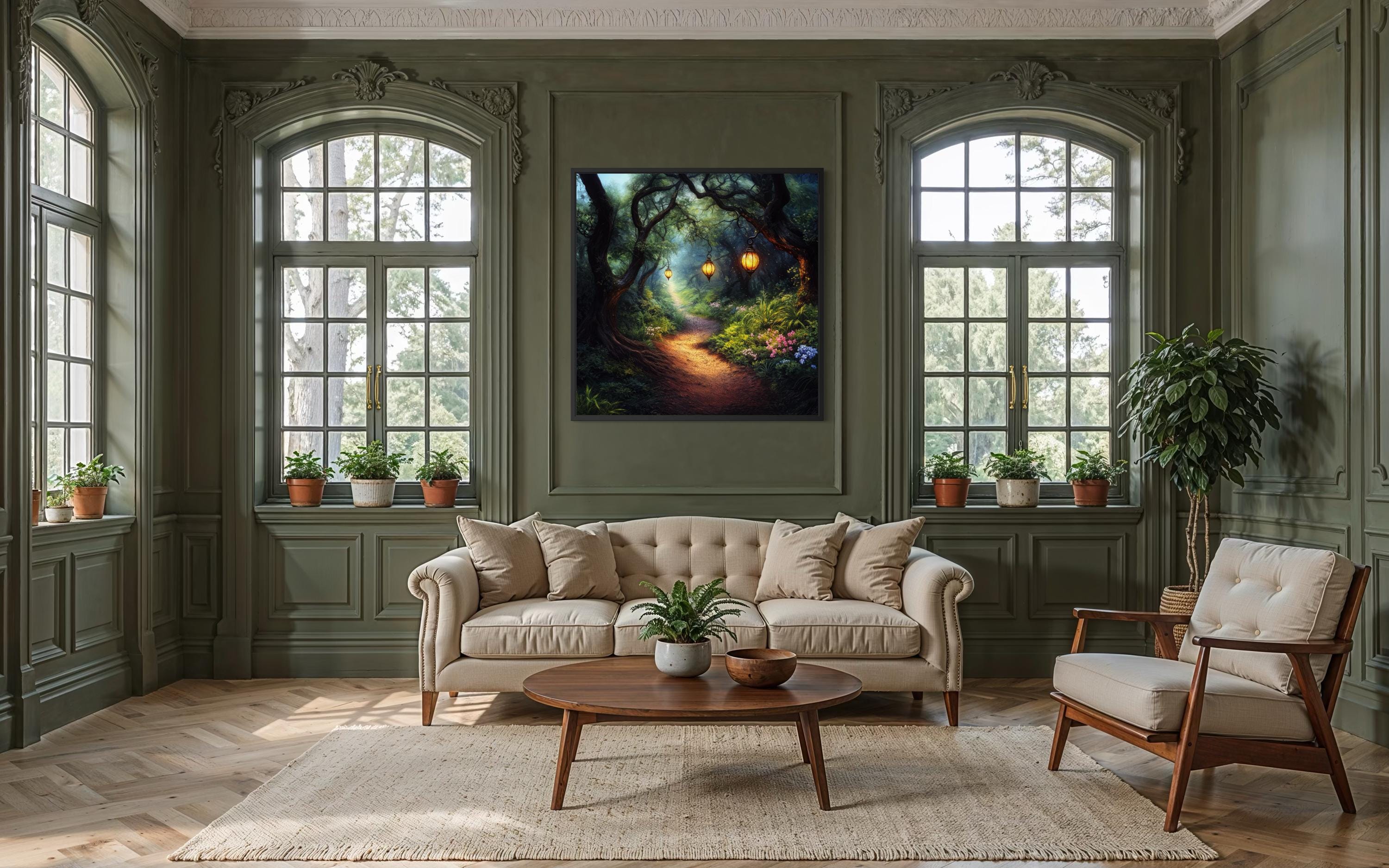 Enchanted Forest Path Wall Art – Glowing Lantern Woodland Fantasy ...