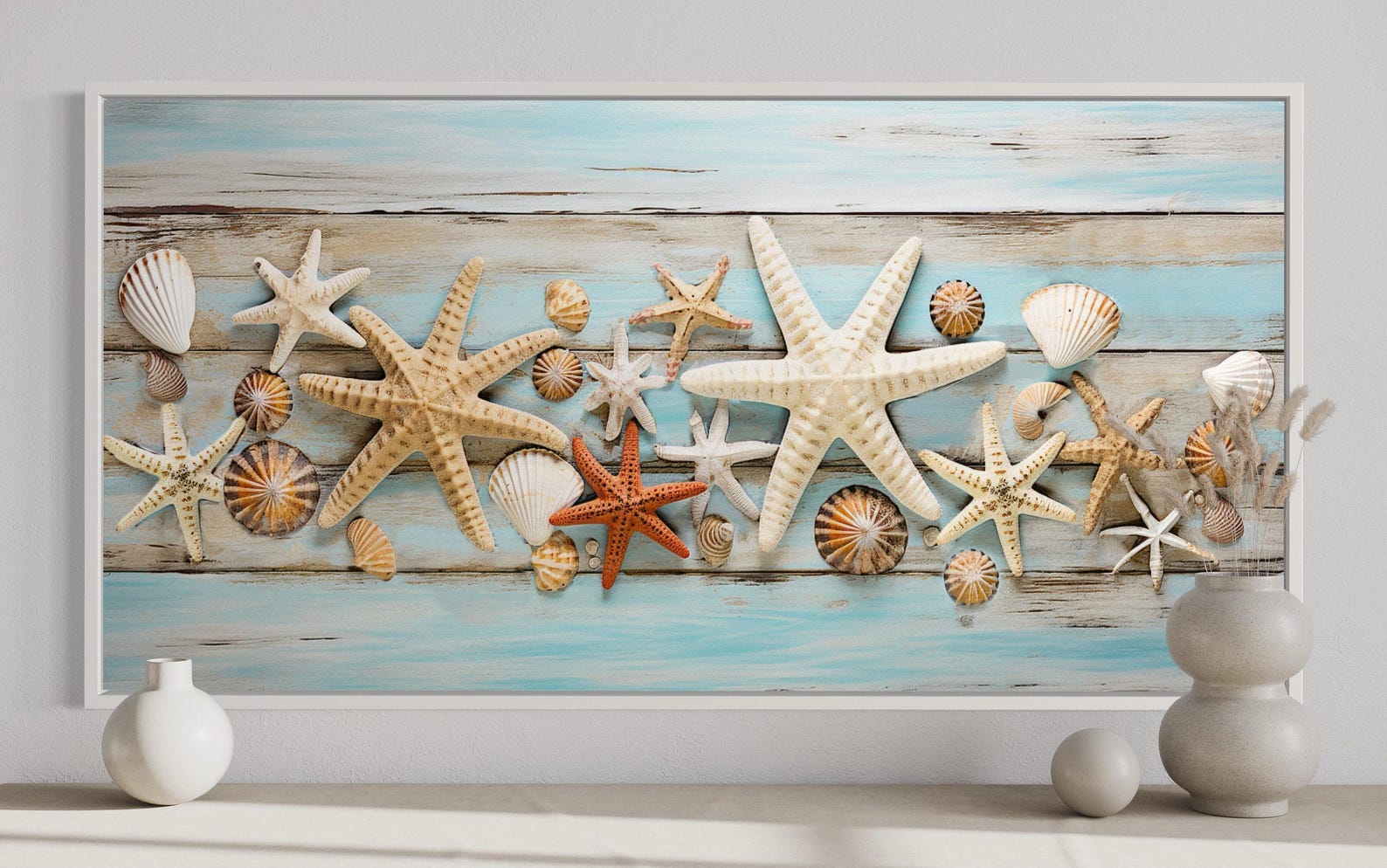 Beach House Wall Art - Starfish and Shells Painting on Blue Wood ...