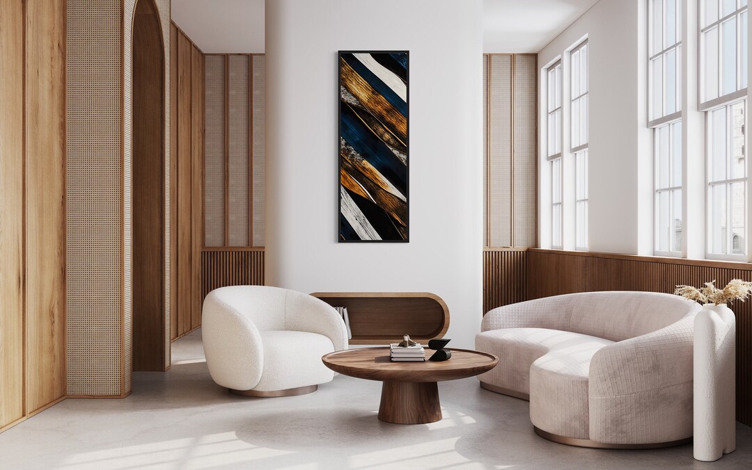 Tall Narrow Wall Art Rustic Farmhouse Decor, Navy Blue Brown Wood