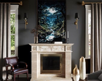 Gothic Wall Art Dark Forest And Moon, Enchanted Forest Painting - Poster Or Canvas PRINT, Dark Academia Art, Framed Ready To Hang