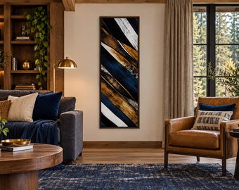 May include: A tall, rectangular wall art piece featuring an abstract composition of diagonal stripes in deep navy blue, metallic gold, and crisp white, framed in a dark wood border, displayed vertically on a neutral-colored interior wall.