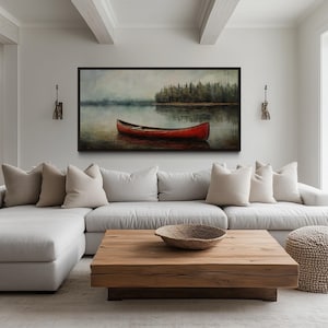 Red Canoe Retro Painting Canvas PRINT, Large Rustic Cottage Cabin Wall Art, Lake House Decor, Canoe Wall Decor, Ready To Hang