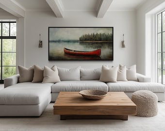 Red Canoe Retro Painting Canvas PRINT, Large Rustic Cottage Cabin Wall Art, Lake House Decor, Canoe Wall Decor, Ready To Hang
