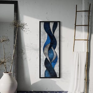 Vertical Narrow Navy Blue Grey Wall Art, Geometric Abstract Painting Canvas PRINT, Modern Vertical Long Wall Hanging Framed Ready To Hang