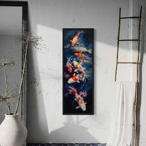 a vibrant painting of koi fish in a pond, hanging on a wall in a room with a mirror and a ladder.