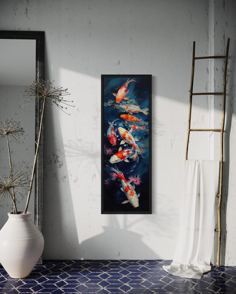 a vibrant painting of koi fish in a pond, hanging on a wall in a room with a mirror and a ladder.