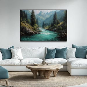 Mountain River Wall Art - Green Forest Stream Canvas Print Nature Landscape Wall Decor For Living Room Cabin Or Lodge Style Homes