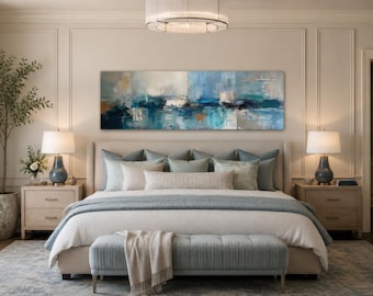 Blue Grey Aqua Calm Peaceful Abstract Above Bed Wall Art - Long Panoramic Painting Canvas Print  Minimalist Horizontal Framed Ready To Hang