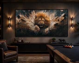 Man Cave Wall Art, Fierce Lion Breaking Brick Wall Painting Canvas PRINT, Horizontal Lion Wall Art Framed Ready To Hang
