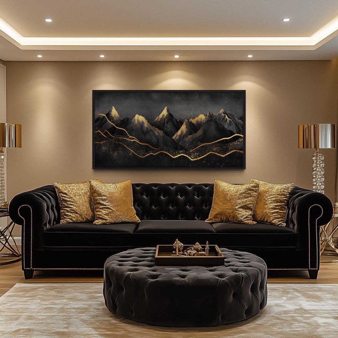 Framed Black Gold Wall Art Abstract Mountain Aesthetics Painting Extra ...