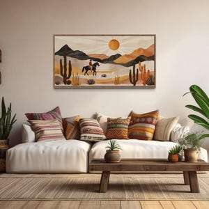 Western Wall Art, Cowboy In The Desert Mid Century Modern Painting Canvas PRINT, Minimalist Boho Wall Art Framed Ready To Hang