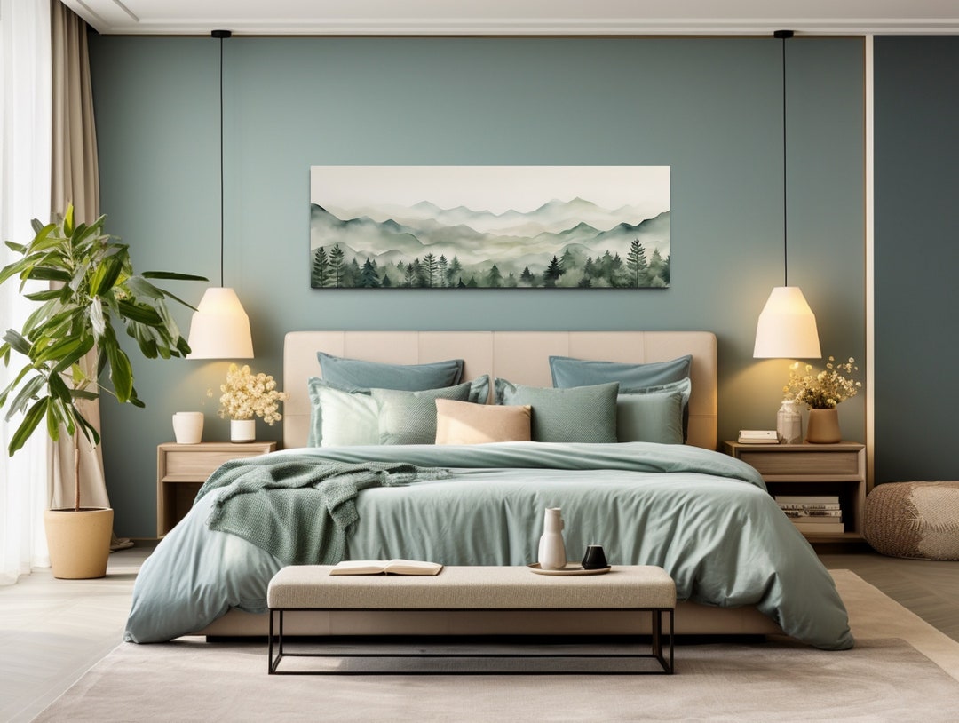 Sage Green Watercolor Over Bed Wall Art Mountains Lake Long Horizontal ...