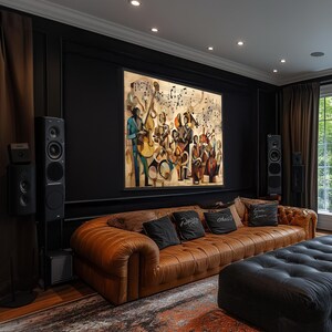 a modern living room with a large window, a brown leather sofa, and a black leather ottoman. The room is decorated with a large painting on the wall and has a black color scheme.