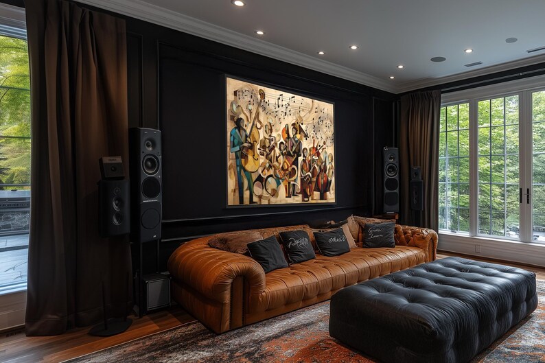 a modern living room with a large window, a brown leather sofa, and a black leather ottoman. The room is decorated with a large painting on the wall and has a black color scheme.