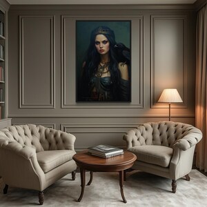 a cozy living room with a large portrait of a woman hanging on the wall. The room is furnished with two tufted armchairs and a wooden coffee table, creating a comfortable and inviting atmosphere.