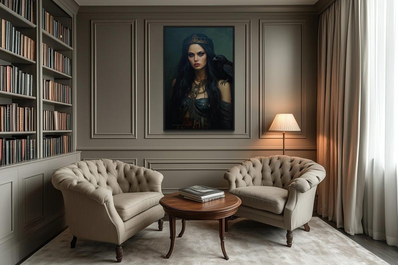 a cozy living room with a large portrait of a woman hanging on the wall. The room is furnished with two tufted armchairs and a wooden coffee table, creating a comfortable and inviting atmosphere.
